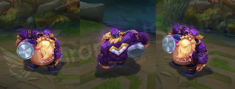 Music Fan Gragas in-game overview showing front and side: purple jacket, dark blue pants, backwards cap, K/DA shades, and a large blue-purple soda can barrel