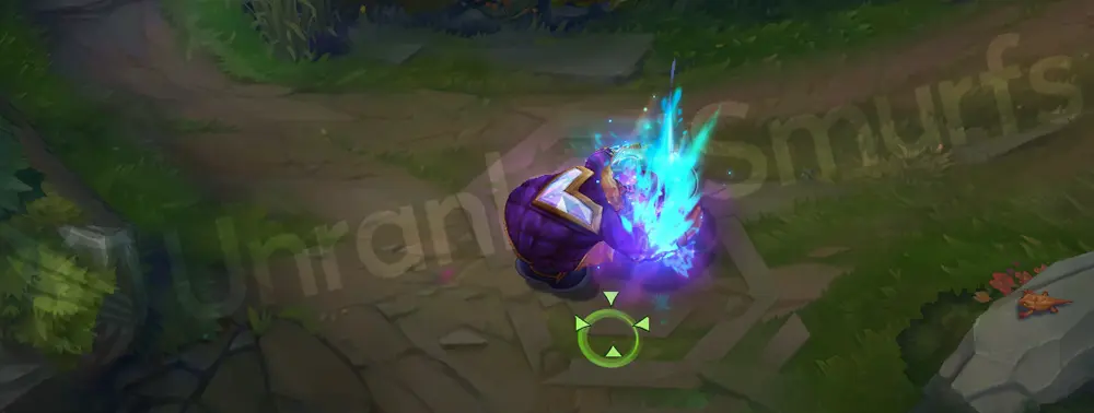 Music Fan Gragas W - Drunken Rage: empowered hits glow cyan-blue with purple accents, second frame