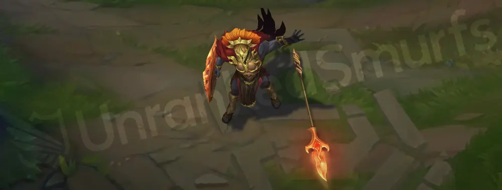 Myrmidon Pantheon emote showing helmet crest and red cloth accents