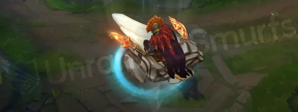 Myrmidon Pantheon recall pose, planting spear and holding battered shield