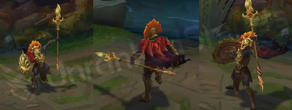 Myrmidon Pantheon in-game overview, front and side view with bronze-gold armor, red waist cloth, and orange-crested helmet
