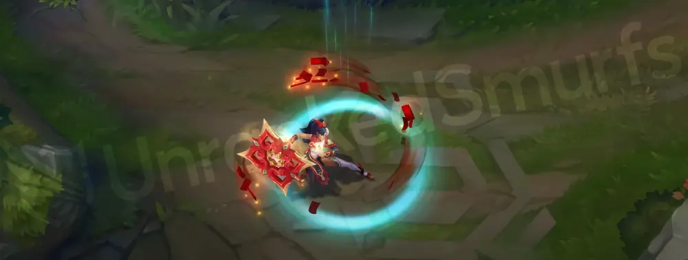 Mythmaker Sivir custom recall performing a ceremonial chakram flourish amid red-and-gold effects