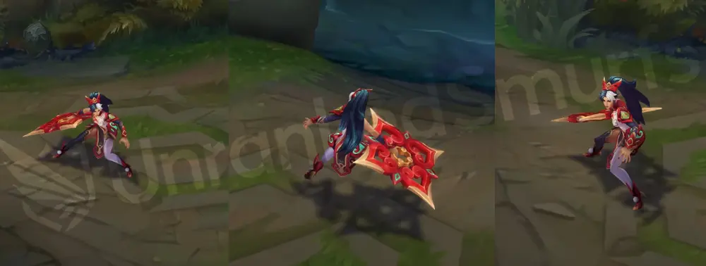 Mythmaker Sivir in-game overview from the front and side, wearing an ornate red-and-gold outfit and wielding a large red-edged chakram