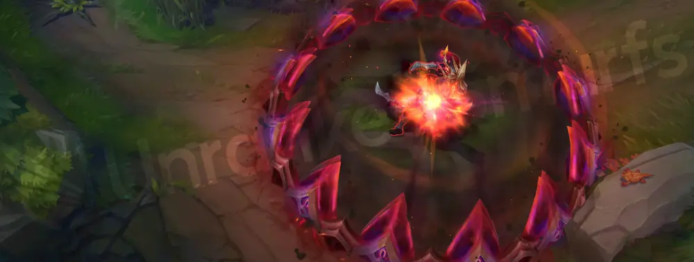 Nightbringer Jarvan IV R - Cataclysm impact forming a jagged infernal arena with lava-lit cracks