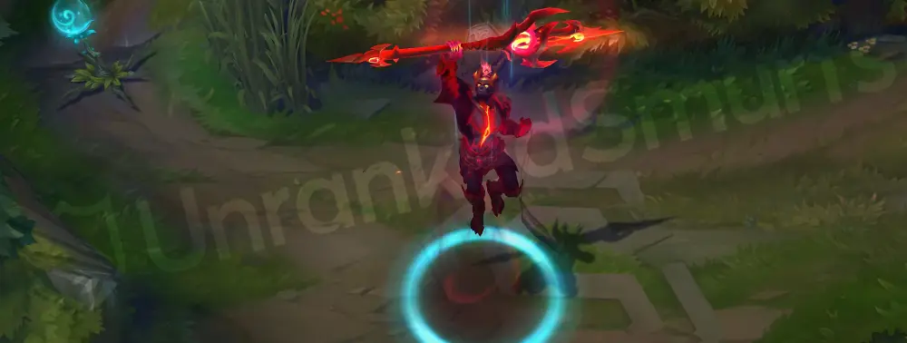 Nightbringer Jarvan IV custom recall surrounded by swirling red-black flames as he brandishes his spear