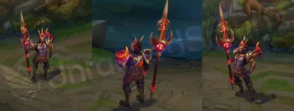 Nightbringer Jarvan IV in-game overview, front and side views with crimson-and-gold demonic armor, horned crown, and blazing spear
