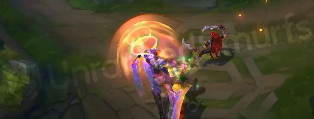 Odyssey Aatrox E - Umbral Dash with an orange and purple afterimage trail