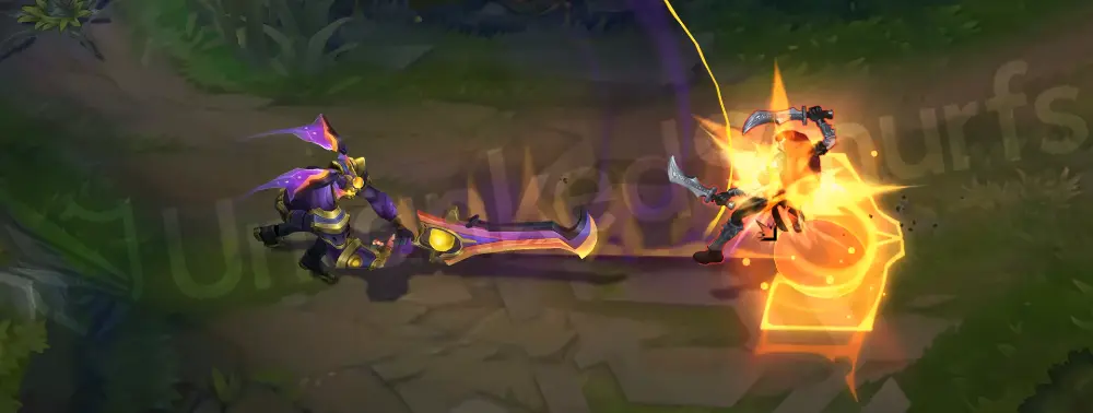 Odyssey Aatrox Q - The Darkin Blade first cast with a wide orange-violet energy arc and glowing yellow core