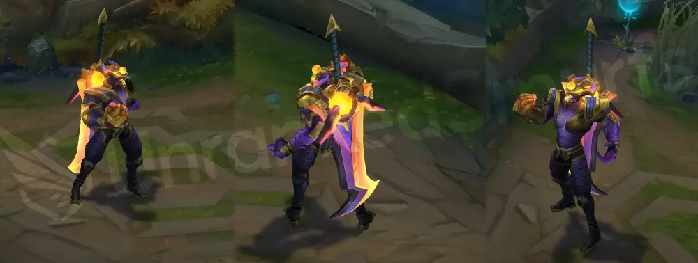 Odyssey Aatrox in-game overview, front and side with dark purple armor, gold trims, crescent-crest helmet, and orange-to-violet greatsword