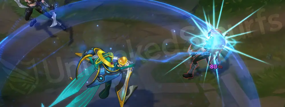 Odyssey Sona Q - Hymn of Valor firing sharp geometric blasts in teal and gold