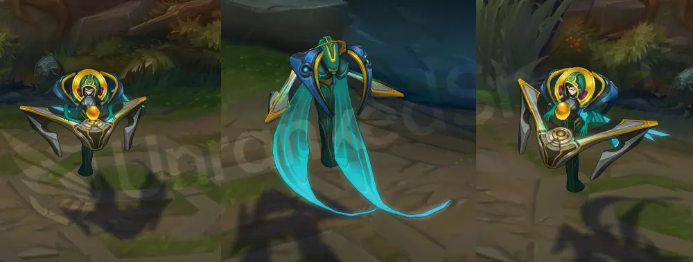 Odyssey Sona in-game overview, front and side, showing green-and-black space suit, gold armor, chest reactor, and sleek etwahl