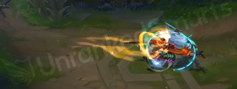 Odyssey Yasuo E - Sweeping dash with a bright green-orange afterimage and sci-fi speed trails