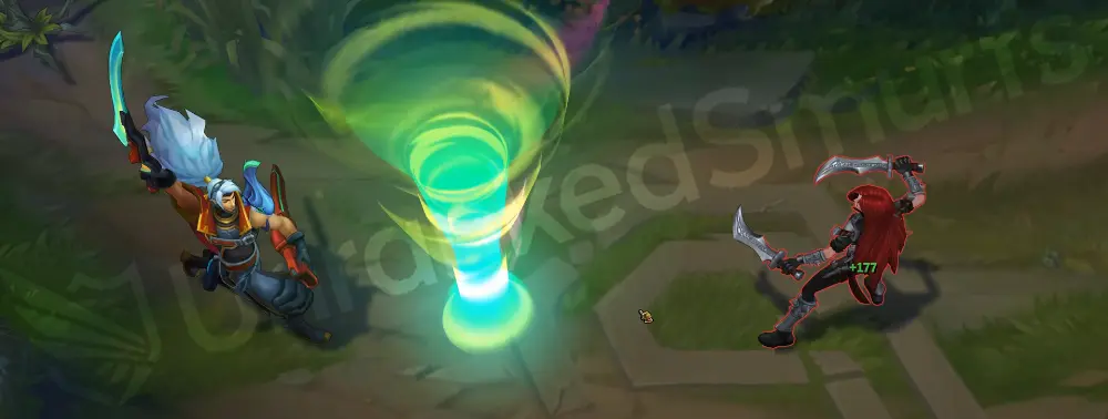 Odyssey Yasuo Q - Steel Tempest second cast with a longer glowing plasma trail in green and orange
