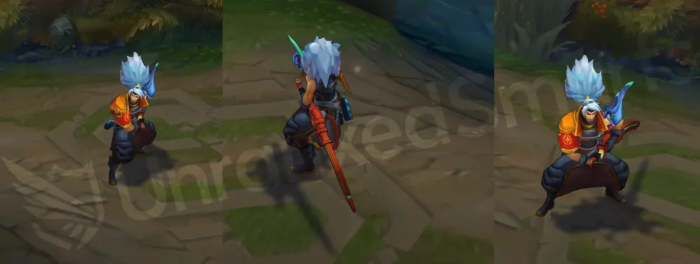 Odyssey Yasuo in-game overview, front and side views showing space armor, red scarf, glowing blue energy lines, and a sleek high-tech sword