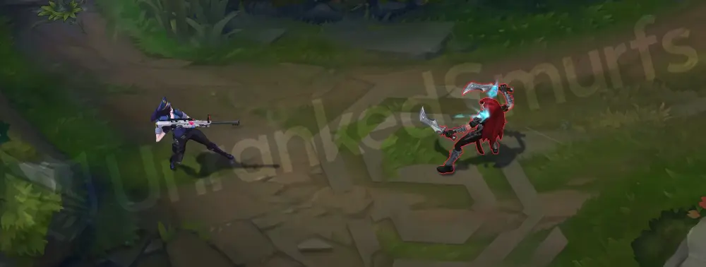 Officer Caitlyn basic attack with a bright muzzle flash and a faint red-blue tracer from the rifle