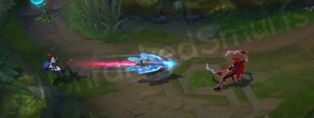 Officer Caitlyn Q - Piltover Peacemaker initial fire with cool blue muzzle flash and red-blue light accents