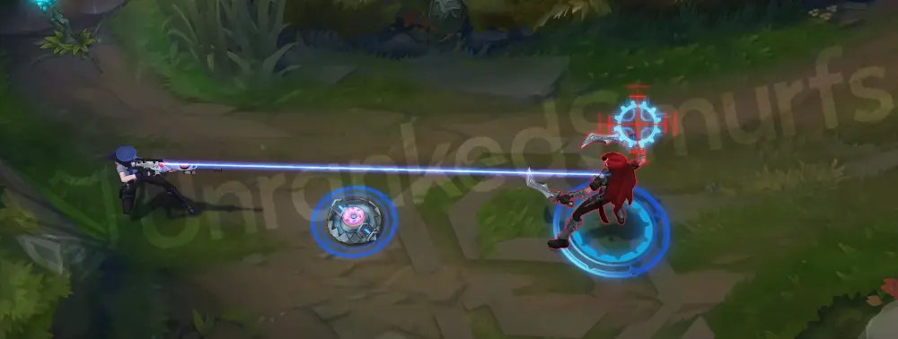 Officer Caitlyn R - Ace in the Hole aim-down-sights view with a red-blue targeting ring