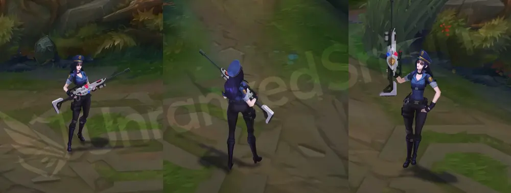 Officer Caitlyn in-game overview from front and side, wearing a deep-blue police uniform and patrol cap with a siren-equipped rifle