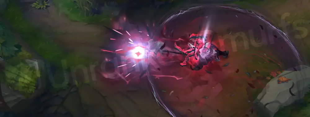 Old God Mordekaiser Q Part 2 — secondary impact with deep crimson flare and bone-shard visuals