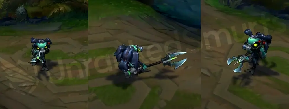 Omega Squad Fizz in-game overview from the front and side, wearing dark green scuba gear and carrying an industrial trident