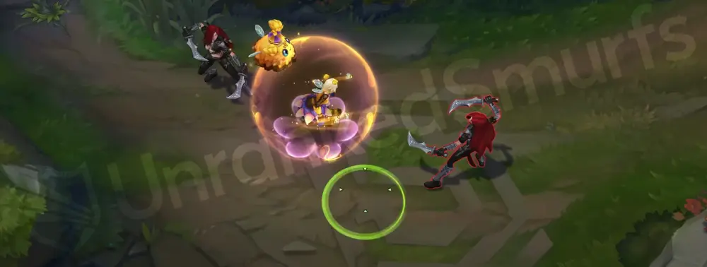 Orbeeanna E - Command: Protect forms a buzzing amber shield as the bee Ball returns