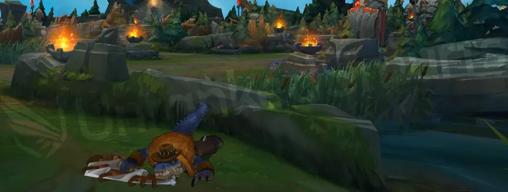 Outback Renekton emote/taunt close-up, tipping the bush hat with a toothy grin