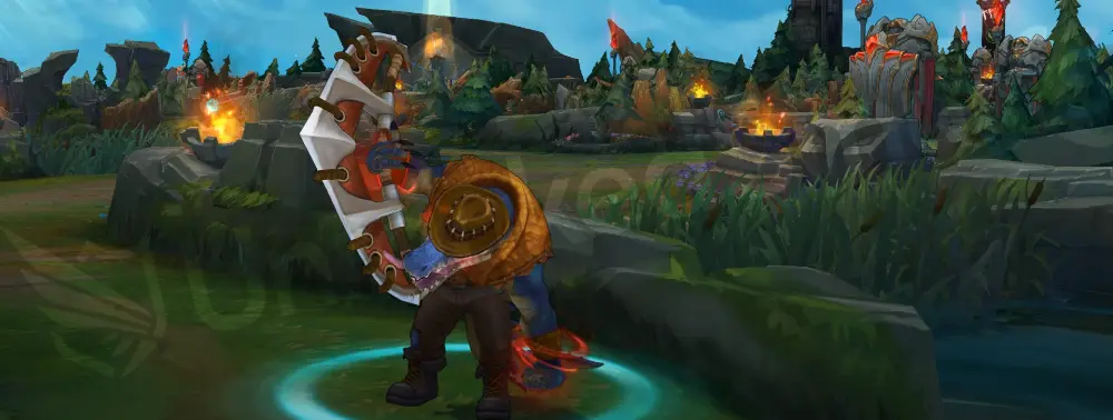 Outback Renekton recall animation shown in his outback outfit, standing and channeling