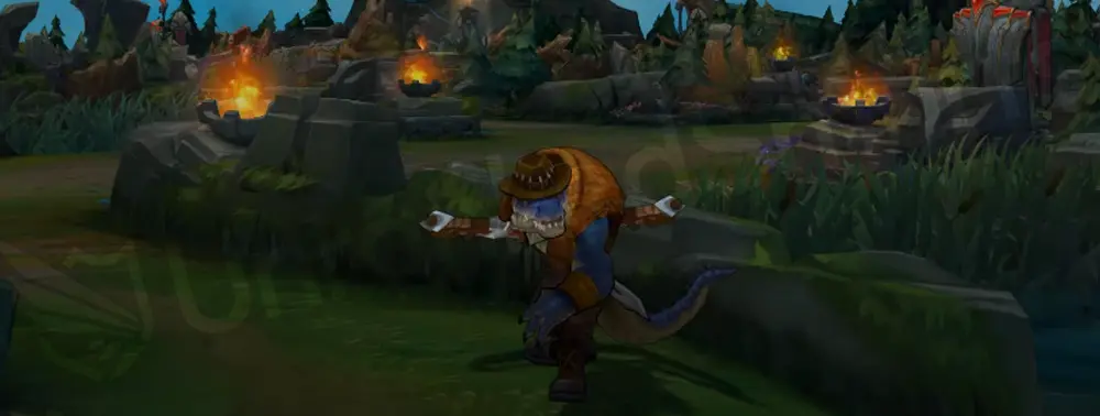 Outback Renekton in-game overview from the front and side, wearing a bush hat, leather vest, crocodile-tooth necklace, and wielding a rusted blade
