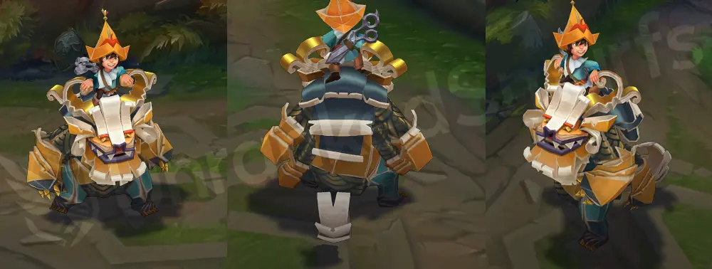 Papercraft Nunu & Willump in-game overview, front and side view with Nunu in a paper crown riding an origami tiger-like Willump