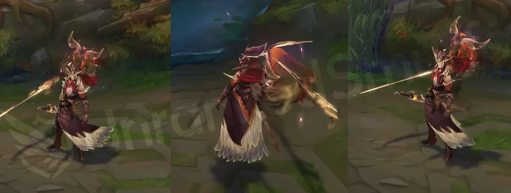 Peacemaker High Noon Yone in-game overview, front and side view with brown cowboy hat, long coat, and red scarf with gold accents