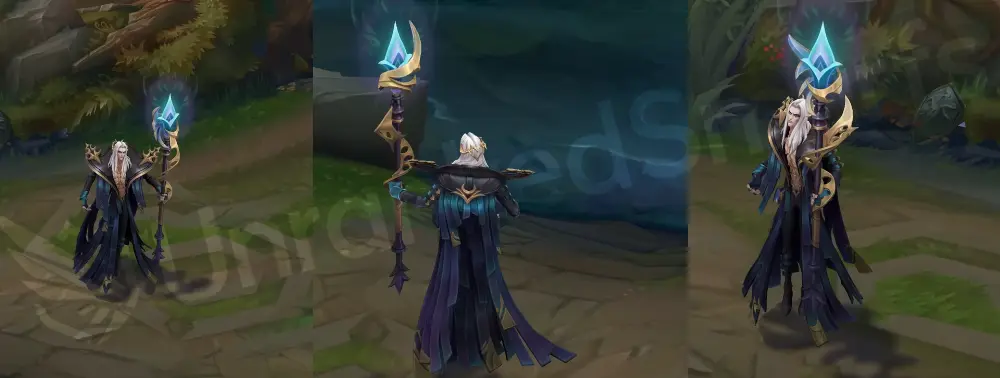 Pentakill III: Lost Chapter Karthus in-game overview, front and side, wearing a dark-and-teal split coat with gold filigree and wielding an organ-pipe staff with a glowing blue crystal