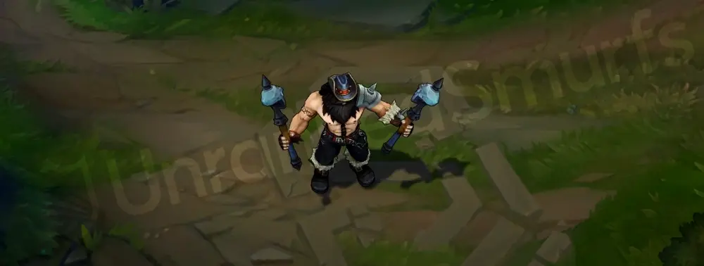 Pentakill Olaf emote or joke pose showing metal attitude with axes raised