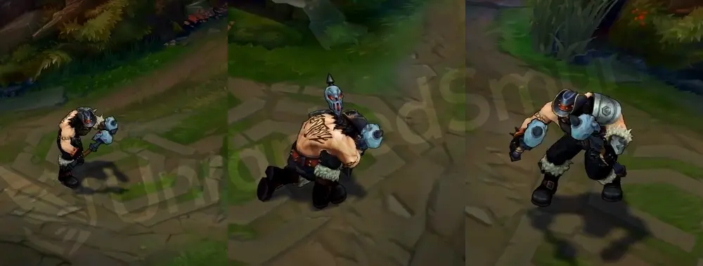Pentakill Olaf in-game overview, front and side view with studded jeans, spiked shoulder pads, and glowing drumstick axes