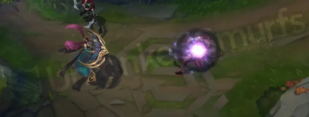 Pentakill Sona recall animation end with E aura, purple-red effects fading into runes