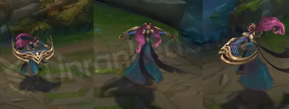 Pentakill Sona in-game overview from the front and side with a deep purple gown, red hair, tattoos, and a spiked gothic etwahl wrapped in chains