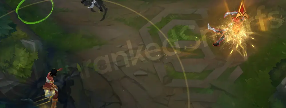 Pharaoh Nidalee Q close-up as the golden-tipped spear passes the target