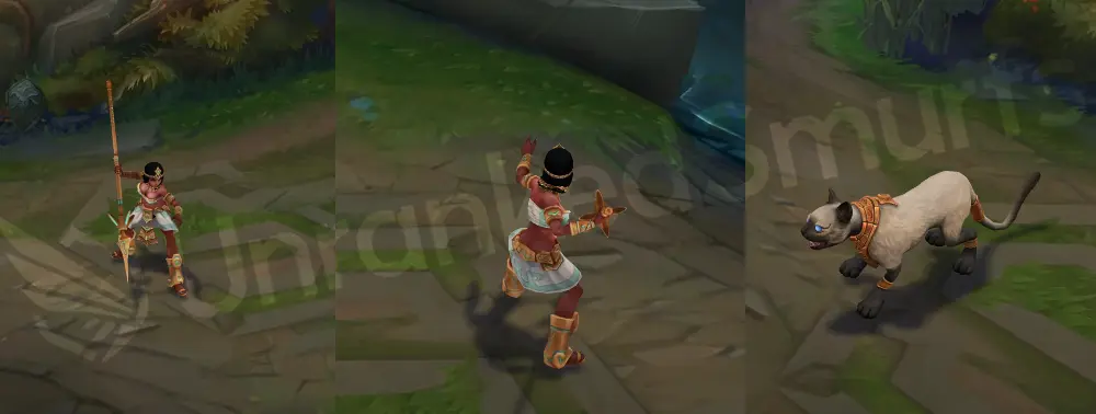 Pharaoh Nidalee skin overview showing white-and-gold robes, turquoise trims, and golden headdress