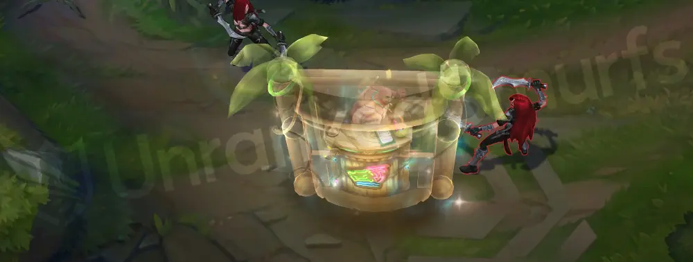 Pool Party Braum E - Unbreakable with the tiki bar shield raised, wooden planks and neon edging blocking projectiles