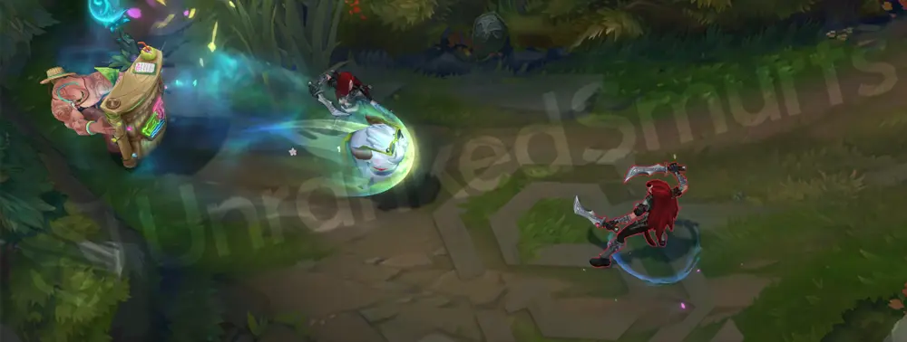Pool Party Braum Q - Winter’s Bite as a water splash projectile with pink and yellow highlights for Concussive Blows
