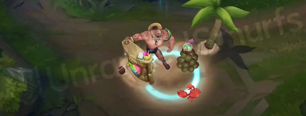 Pool Party Braum custom recall where he sets up the tiki bar and serves a drink under a buzzing neon sign