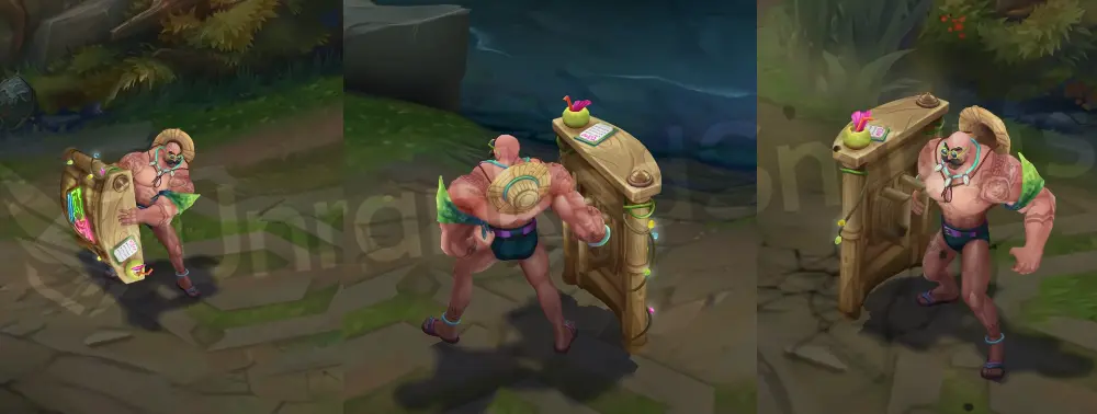 Pool Party Braum in-game overview from front and side with tropical swimwear, lei, sunglasses, and a tiki bar shield with neon sign