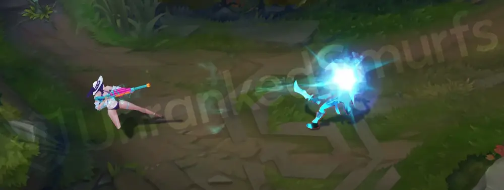 Pool Party Caitlyn basic attack with the water gun firing a small splash and teal droplet trail