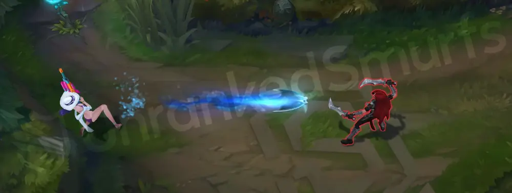 Pool Party Caitlyn Q - Piltover Peacemaker as a pressurized water stream with bright teal-cyan spray (part 1)