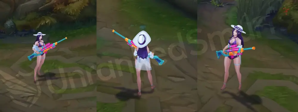 Pool Party Caitlyn in-game overview, front and side views with purple bikini, sheer white cape, wide sunhat, and colorful teal-orange-pink water gun
