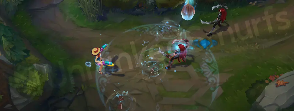 Pool Party Miss Fortune E - Make It Rain rains water balloons and sprays in a blue circle