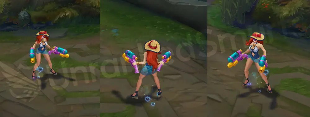 Pool Party Miss Fortune in-game overview, front and side view with white halter bikini, blue wrap skirt, and sunhat holding colorful water pistols