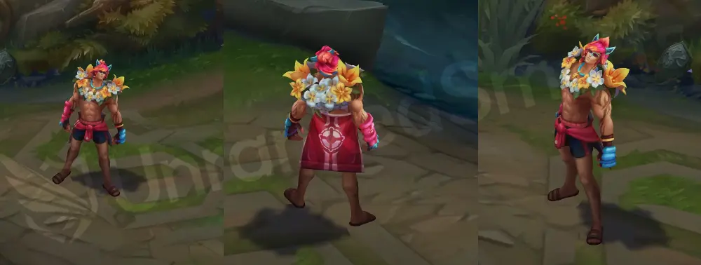 Pool Party Sett in-game overview, front and side view with floral swimwear, red hoodie at the waist, flower lei, and mirrored sunglasses