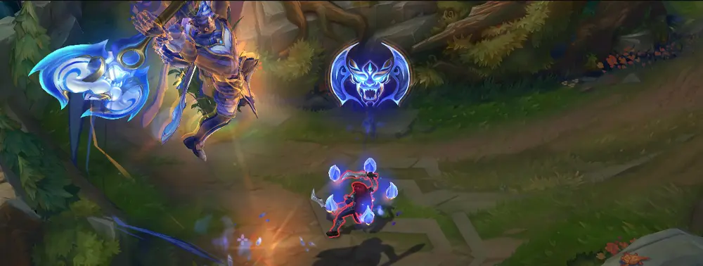 Porcelain Darius R — Noxian Guillotine leap lined with cyan energy and porcelain glow