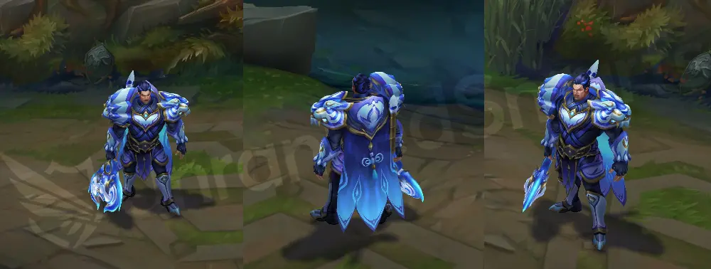 Porcelain Darius in-game overview, front and side view with white hair, blue-and-white porcelain armor, and a glossy glazed axe