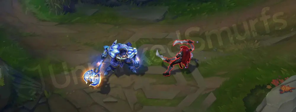 Porcelain Darius W — Crippling Strike wind-up with a glossy cyan arc and ceramic shine on the axe